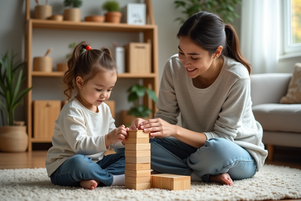 Maman et fille jouent avec des blocs Montessori dans un salon chaleureux