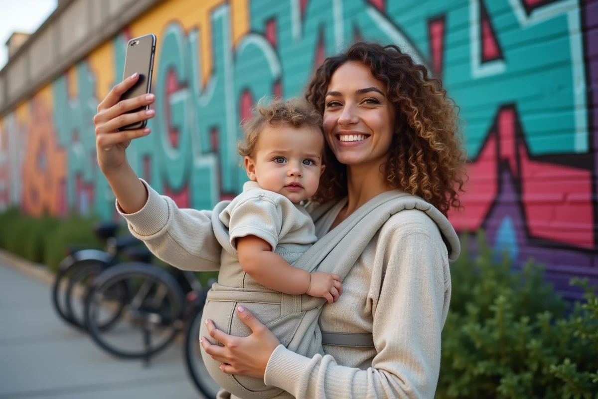 Maman et enfant souriant devant un mur graffiti coloré