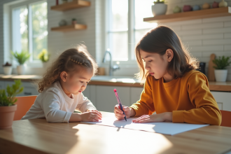 Maman remplissant formulaires de garde d'enfant à la maison