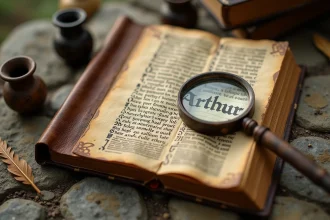 Manuscrit médiéval en cuir avec calligraphie celtique du prénom Arthur sur parchemin jauni