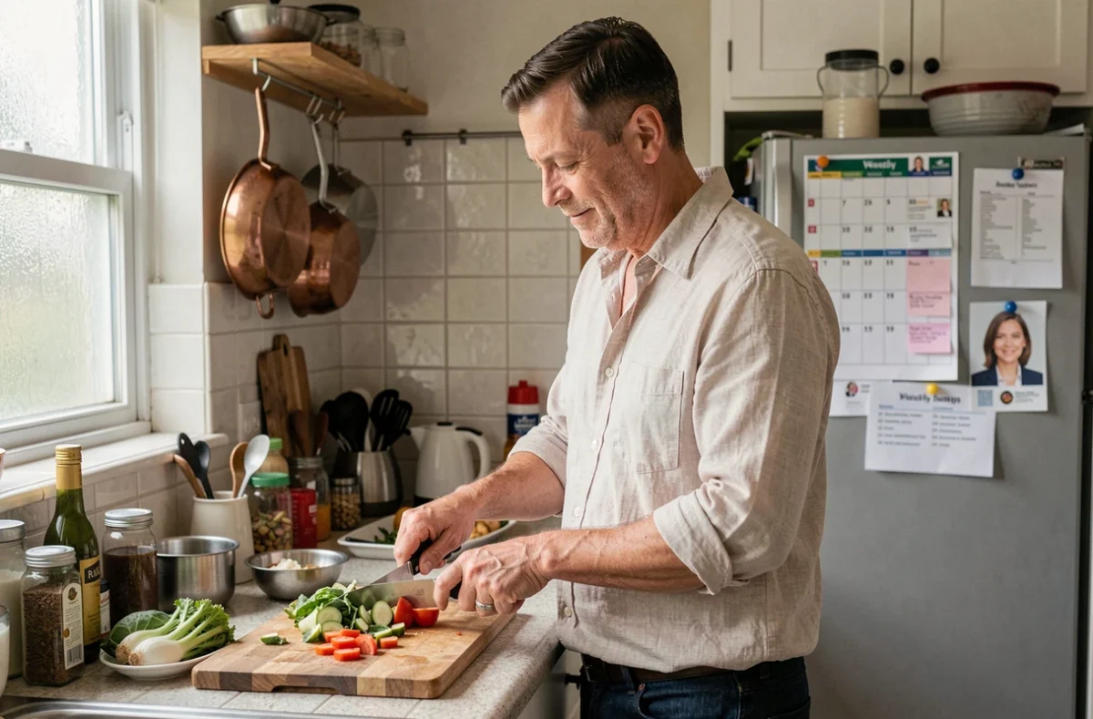 Mari préparant le repas à la maison en soutien à la carrière exigeante de sa femme