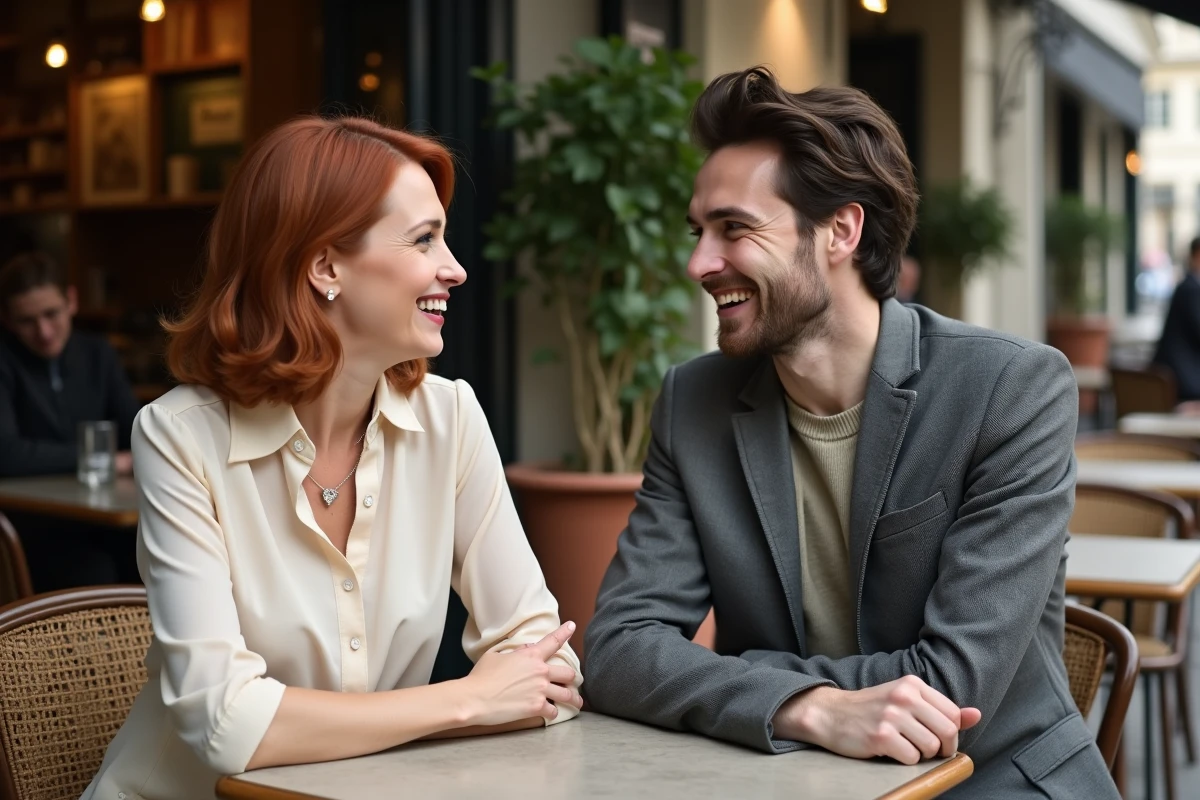 Mère et fils adulte attablés en terrasse de café parisien, évoquant la relation familiale de Marie-Ange Nardi et son fils Hugo Antakis