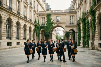 Cour intérieure d'une grande école privée en Île-de-France avec des élèves en uniforme marchant entre des bâtiments en pierre de style haussmannien
