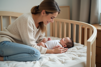 Jeune mère couchant son bébé dans un lit de nurserie moderne