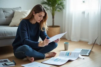 Mère comparant les tarifs de crèches sur son ordinateur portable entourée de brochures posées sur le sol de son salon