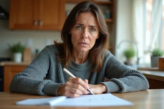 Mère inquiète rédigeant un courrier de refus ULIS pour son fils à la table de cuisine entourée de documents scolaires
