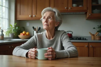 Mère d'une cinquantaine d'années assise seule à la table de cuisine, l'air pensif et mélancolique, illustrant la déception d'une mère envers sa fille adulte