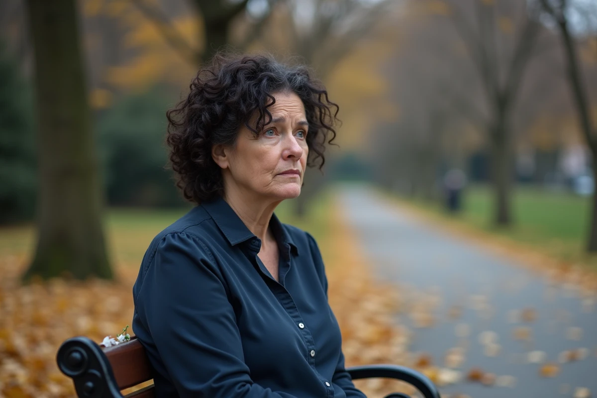 Femme assise seule dans un parc en automne tenant une fleur blanche, évoquant le deuil maternel et l'amour d'une mère