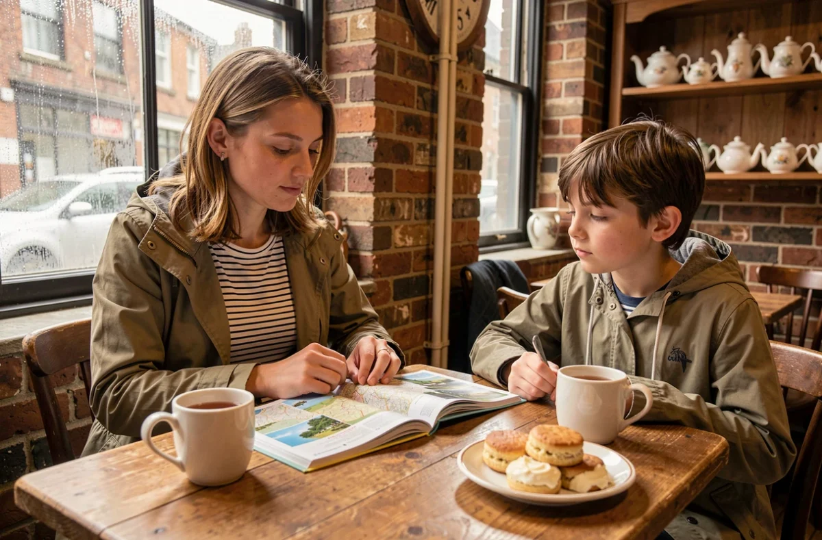 Mère et fille françaises planifiant leurs activités touristiques autour d'un thé dans un café londonien typique