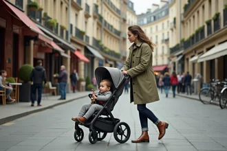 Mère poussant une poussette tout-terrain avec son enfant de 3 ans sur un trottoir parisien typique avec façades haussmanniennes