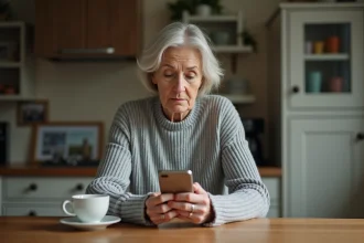 Mère seule à table regardant son téléphone dans l'attente d'un message de sa fille