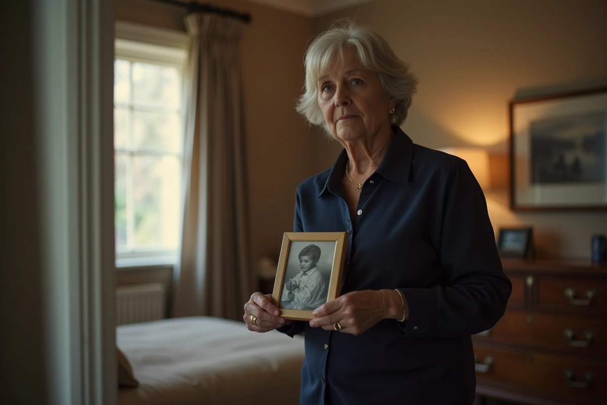 Mère âgée tenant une photo de famille près d'une fenêtre, regard mélancolique et pensif, symbolisant la souffrance cachée derrière la déception parentale