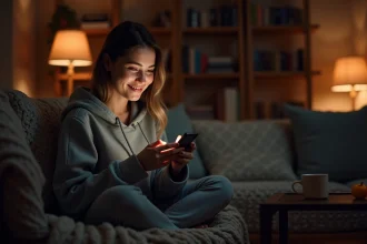 Jeune femme envoyant un message touchant à son meilleur ami tard le soir sur WhatsApp depuis son canapé
