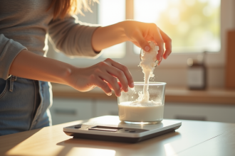 Maman mesure du lait en poudre pour bébé dans une cuisine lumineuse