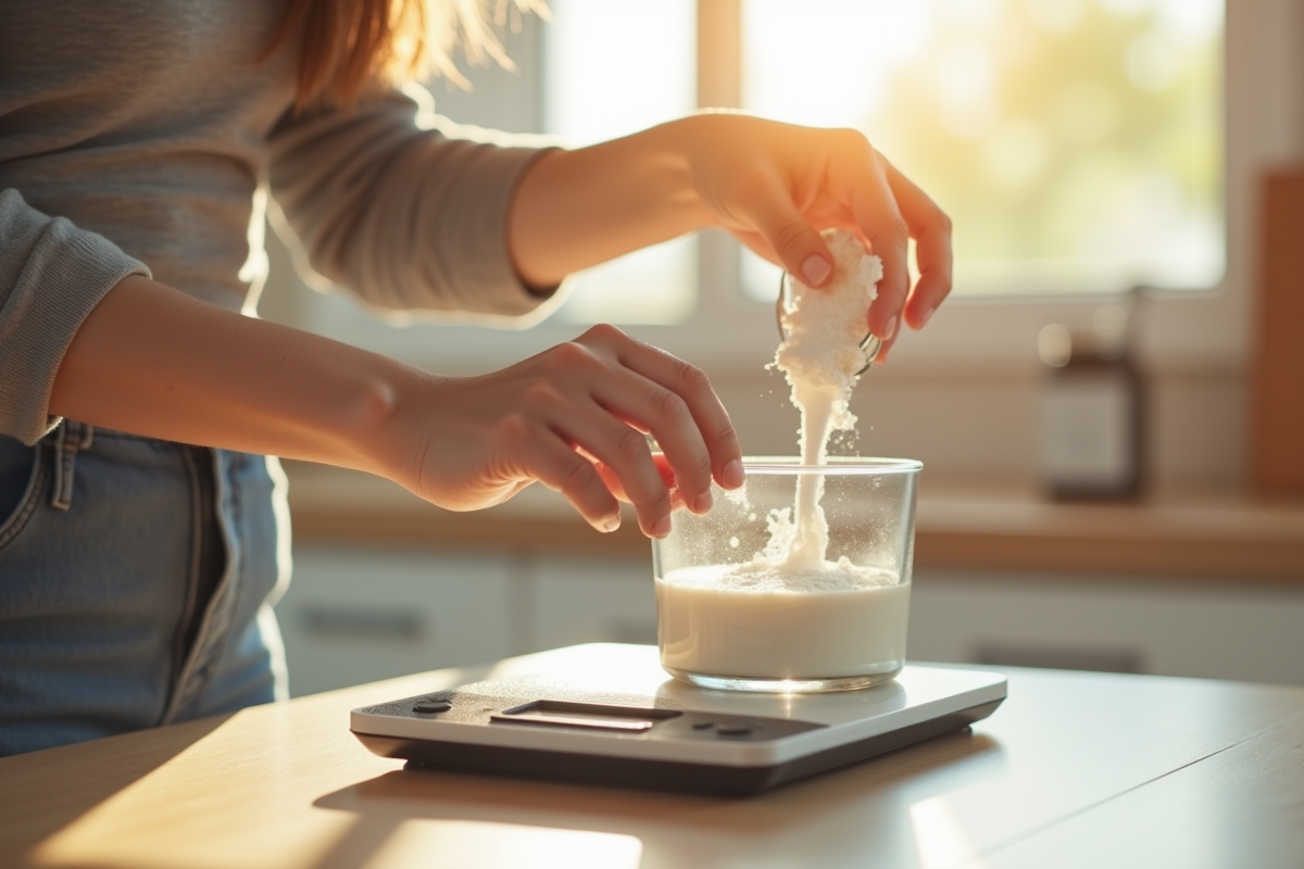 Maman mesure du lait en poudre pour bébé dans une cuisine lumineuse