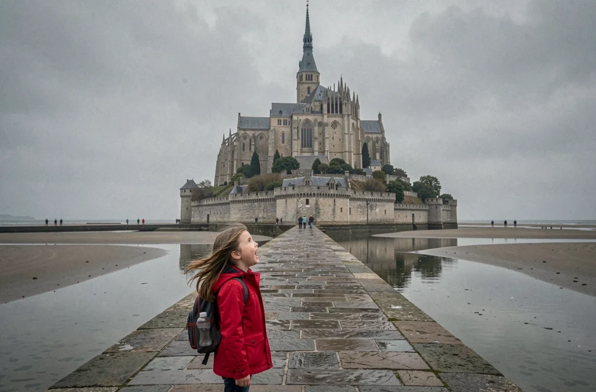Fillette en imperméable rouge s'approchant du Mont-Saint-Michel sur la digue piétonne