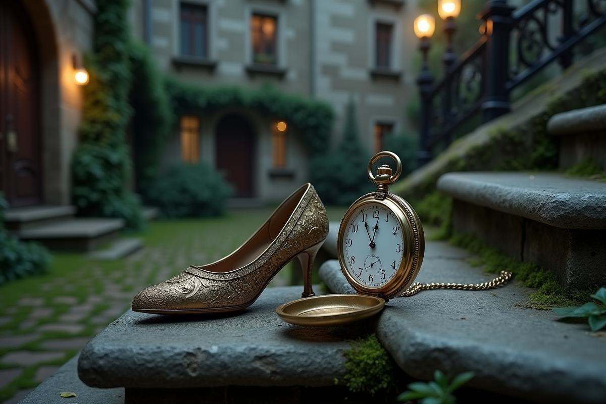 Montre de poche antique ouverte avec pantoufle près