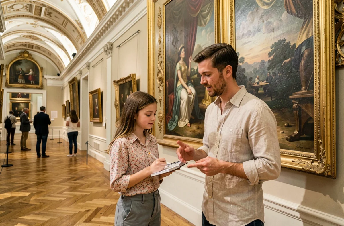 Père et fille devant une peinture classique au Musée des Beaux-Arts de Caen