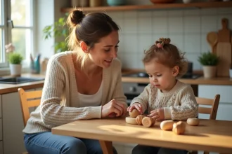Nounou à domicile jouant avec un jeune enfant dans une cuisine familiale chaleureuse