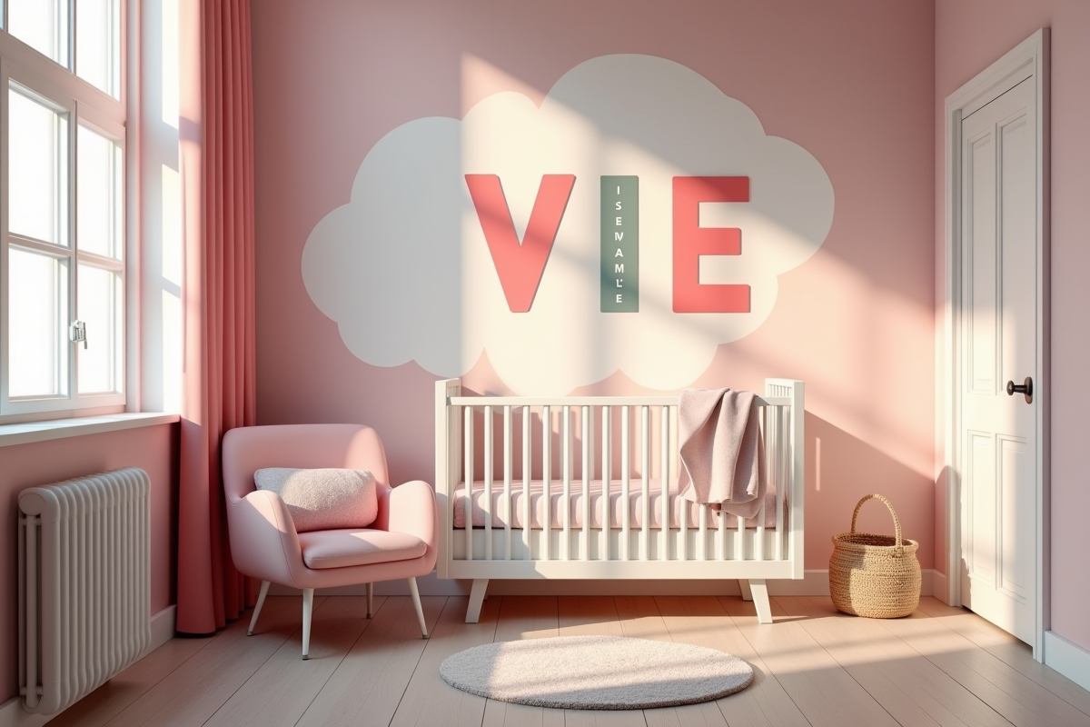 Nursery moderne avec décoration murale V et noms originaux pour filles