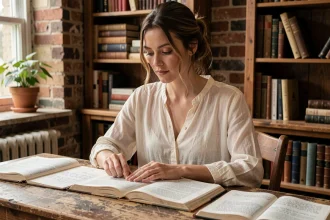 Jeune femme consultant un livre d'étymologie sur le prénom Julia dans un bureau cosy rempli de livres anciens