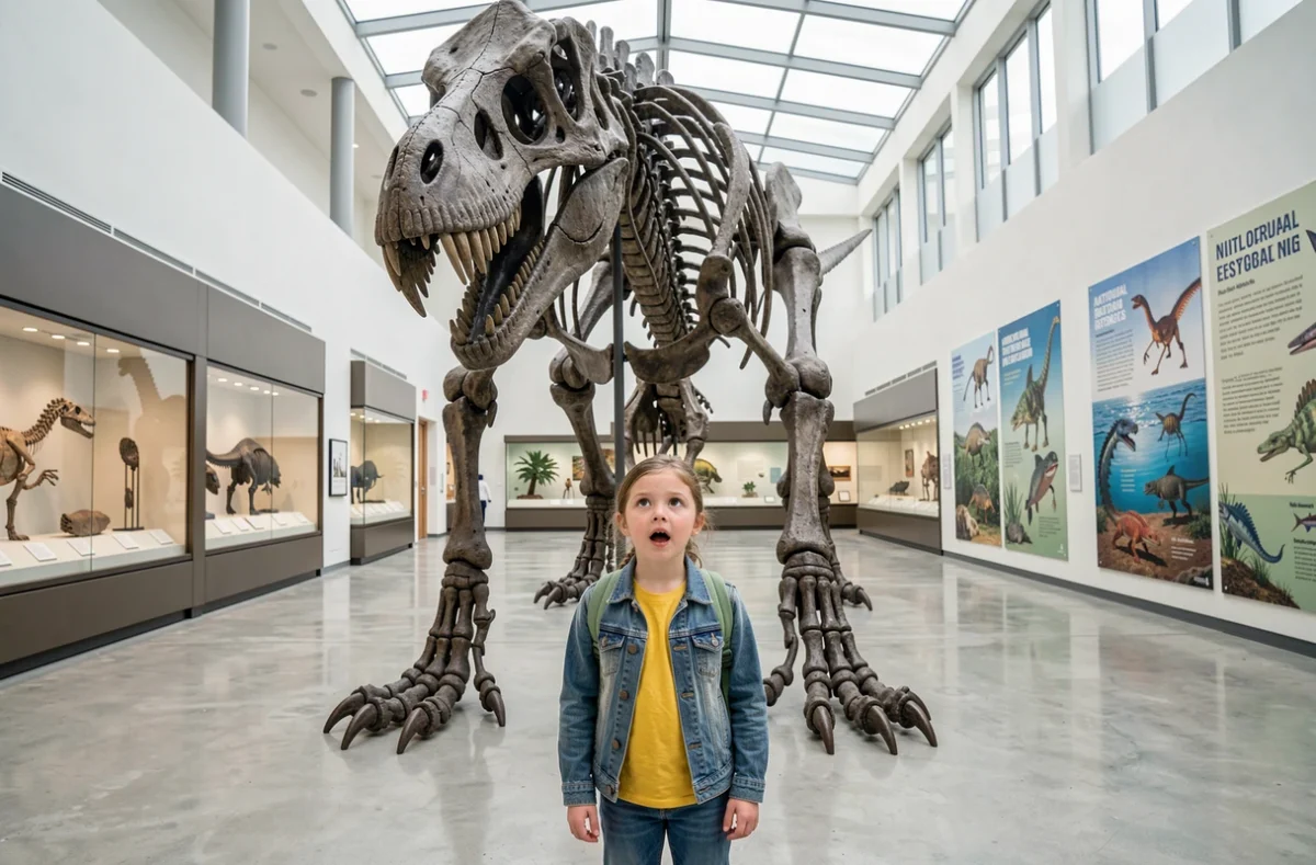 Fillette admirant un squelette de dinosaure au Paléospace de Villers-sur-Mer