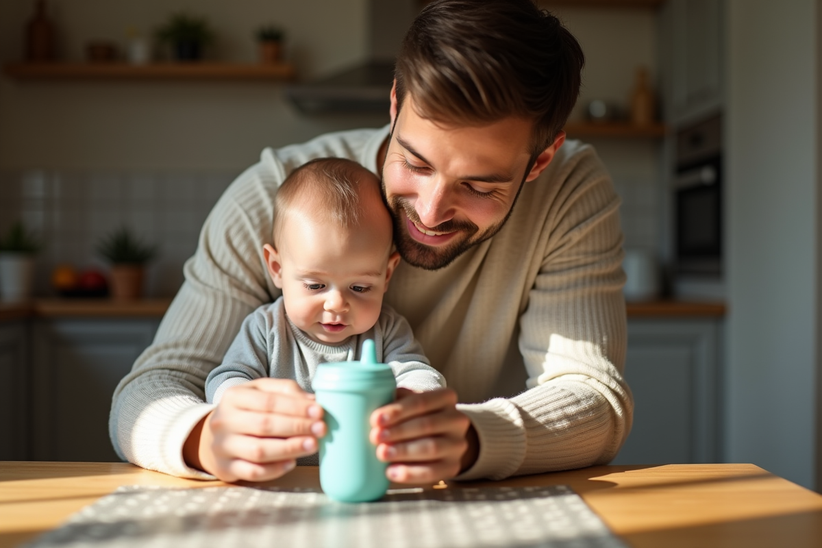 Père tenant son bébé de 7 mois autour d