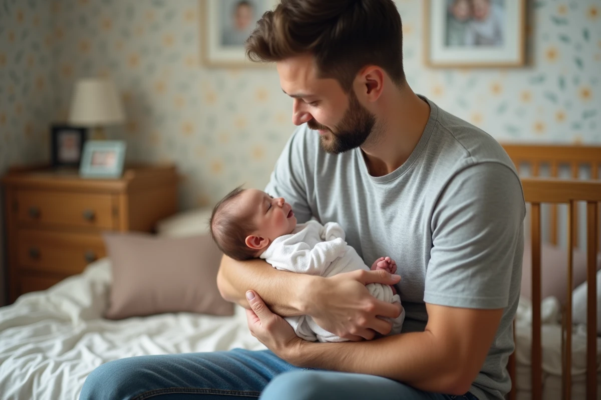 Jeune père tenant tendrement son bébé dans une nurserie chaleureuse