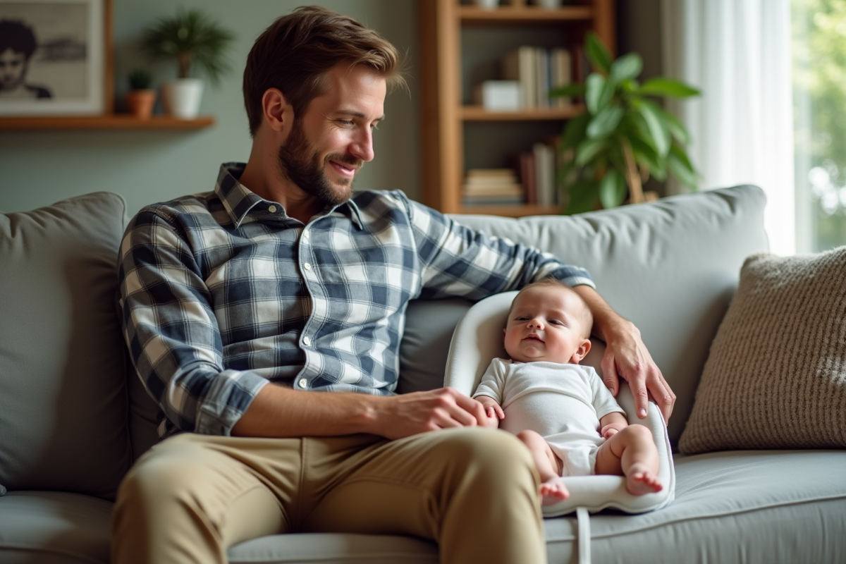 Père assis avec son bébé dans un salon lumineux et accueillant