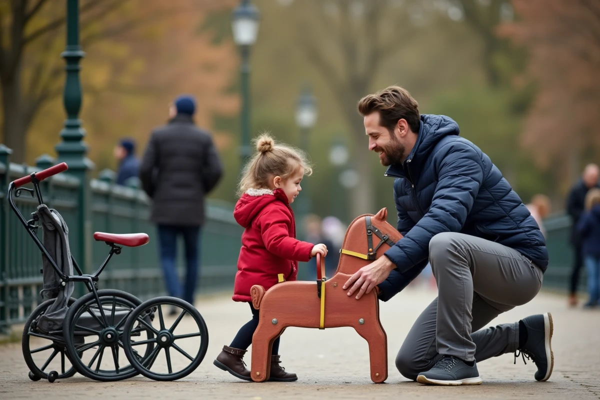 Papa aidant sa fille de 3 ans à monter sur un manège dans un jardin public parisien avec poussette pliée à côté