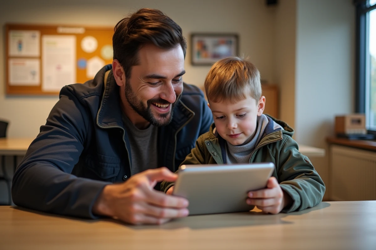 Père et fils regardant une tablette dans un espace public