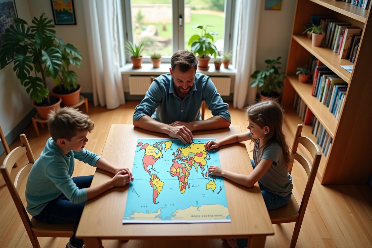 Pere et enfants étudient une carte géographique sur une table en intérieur