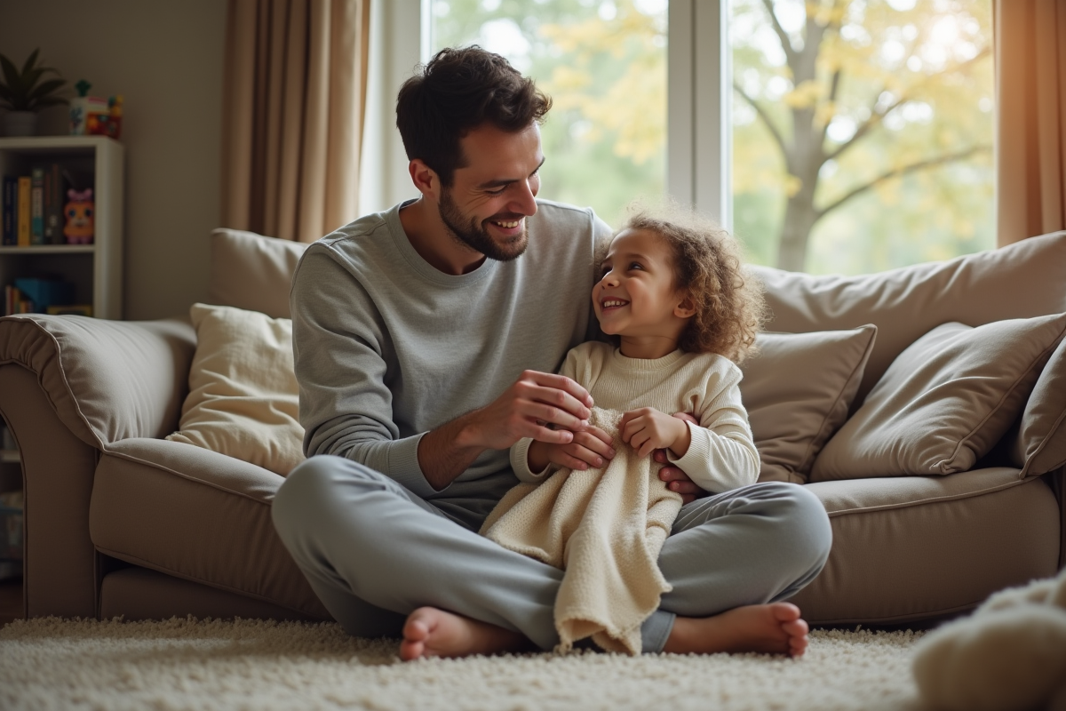 Père et fille dans le salon avec jouets et coussin