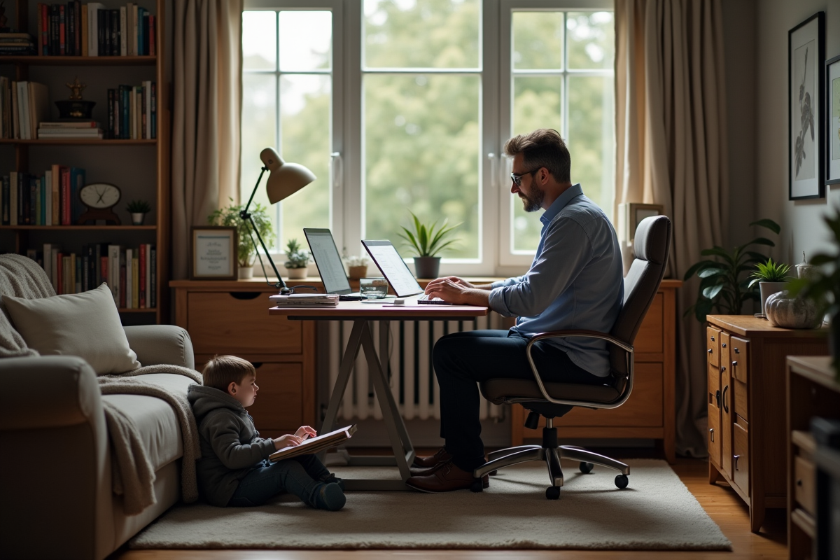 Père au bureau avec son fils lisant un livre