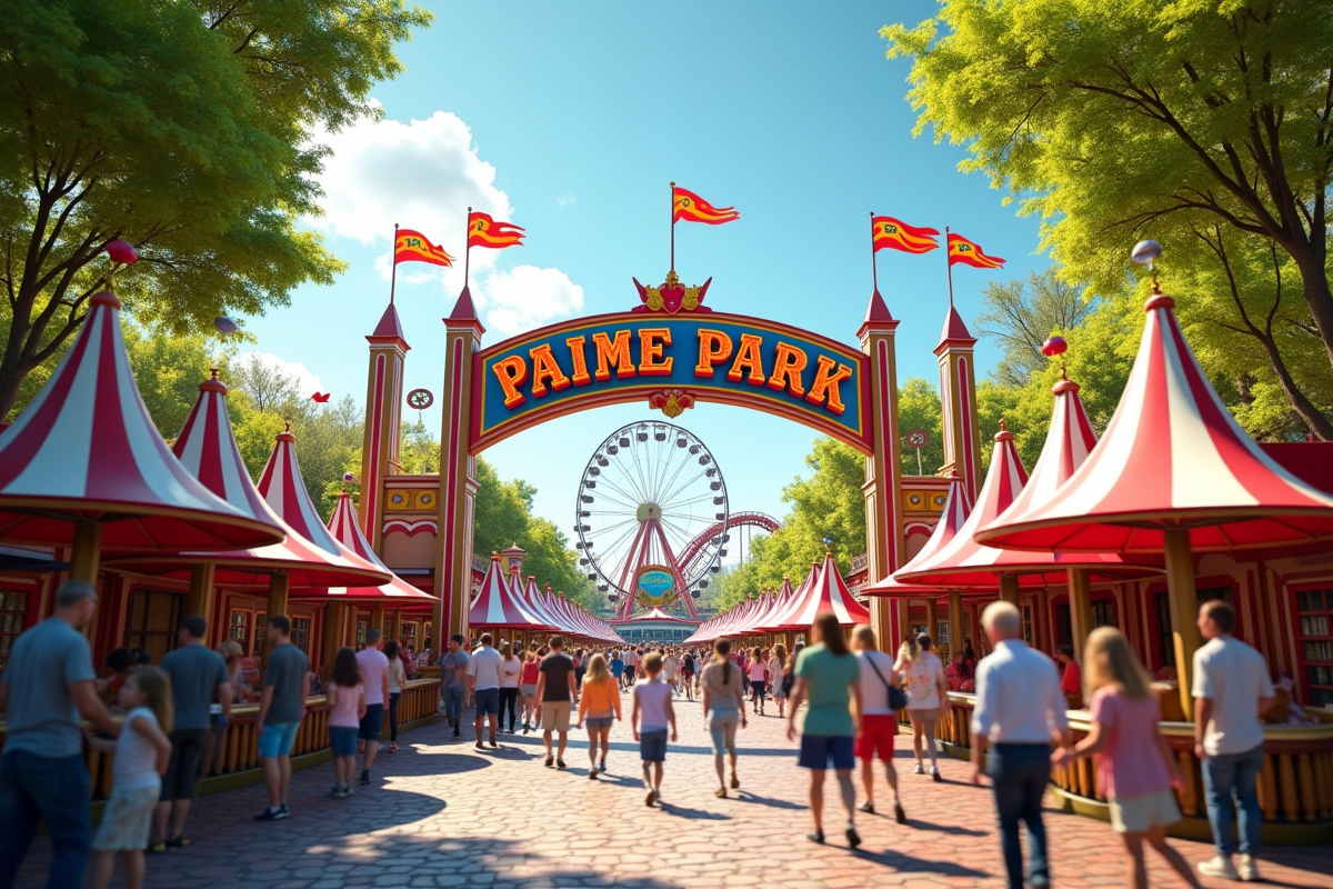 Entrée colorée d'un parc d'attractions en France avec familles et grande roue