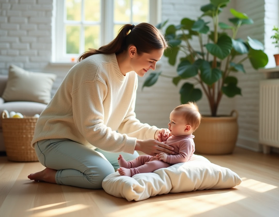 Parent aidant son bébé à s'asseoir en le soutenant avec une couverture roulée sur le sol d'un intérieur lumineux