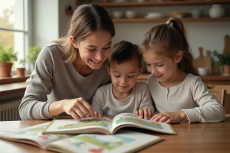 Parent expliquant un livre illustré à ses enfants autour de la table familiale dans une ambiance bienveillante