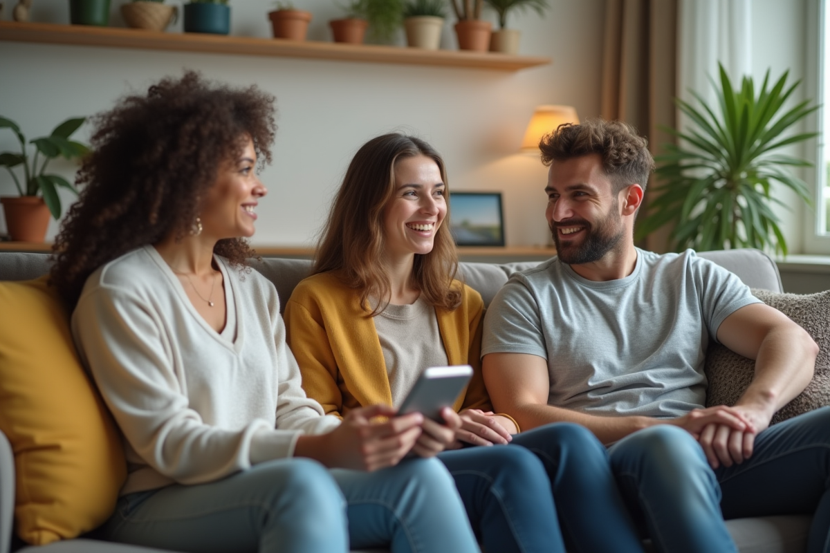 Parents discutant avec une professionnelle de la crèche dans le salon