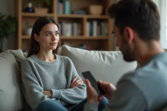 Femme essayant de communiquer avec son partenaire qui l'ignore après une dispute dans un salon moderne