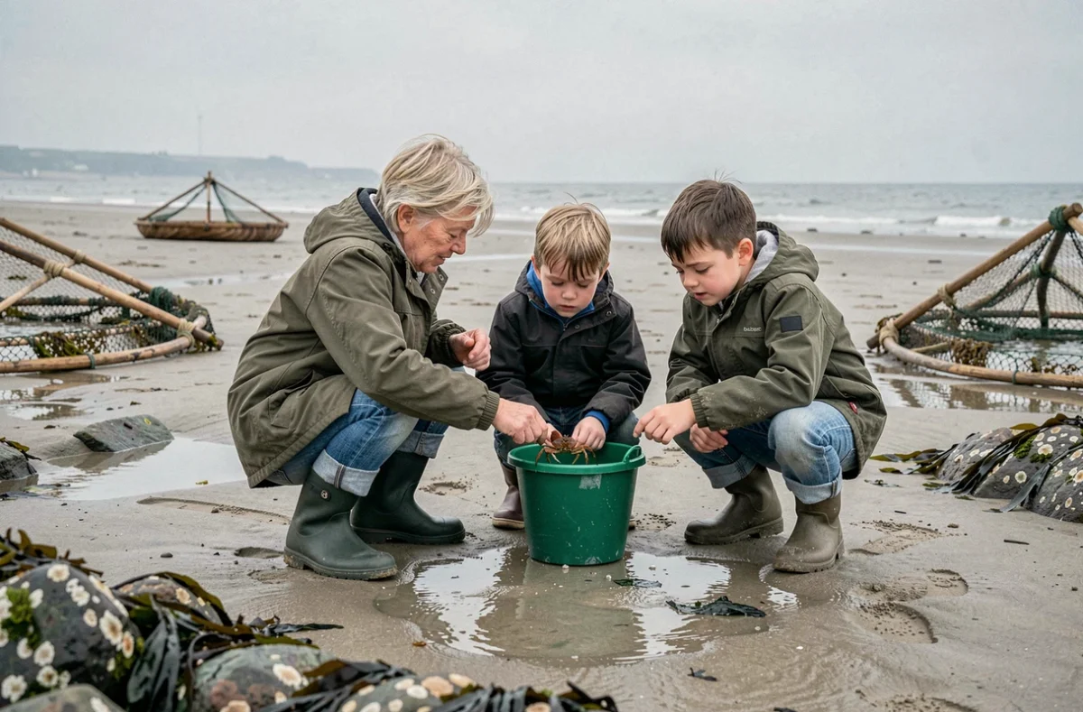 Grand-mère et petits-enfants pratiquant la pêche à pied sur la Côte de Nacre en Normandie