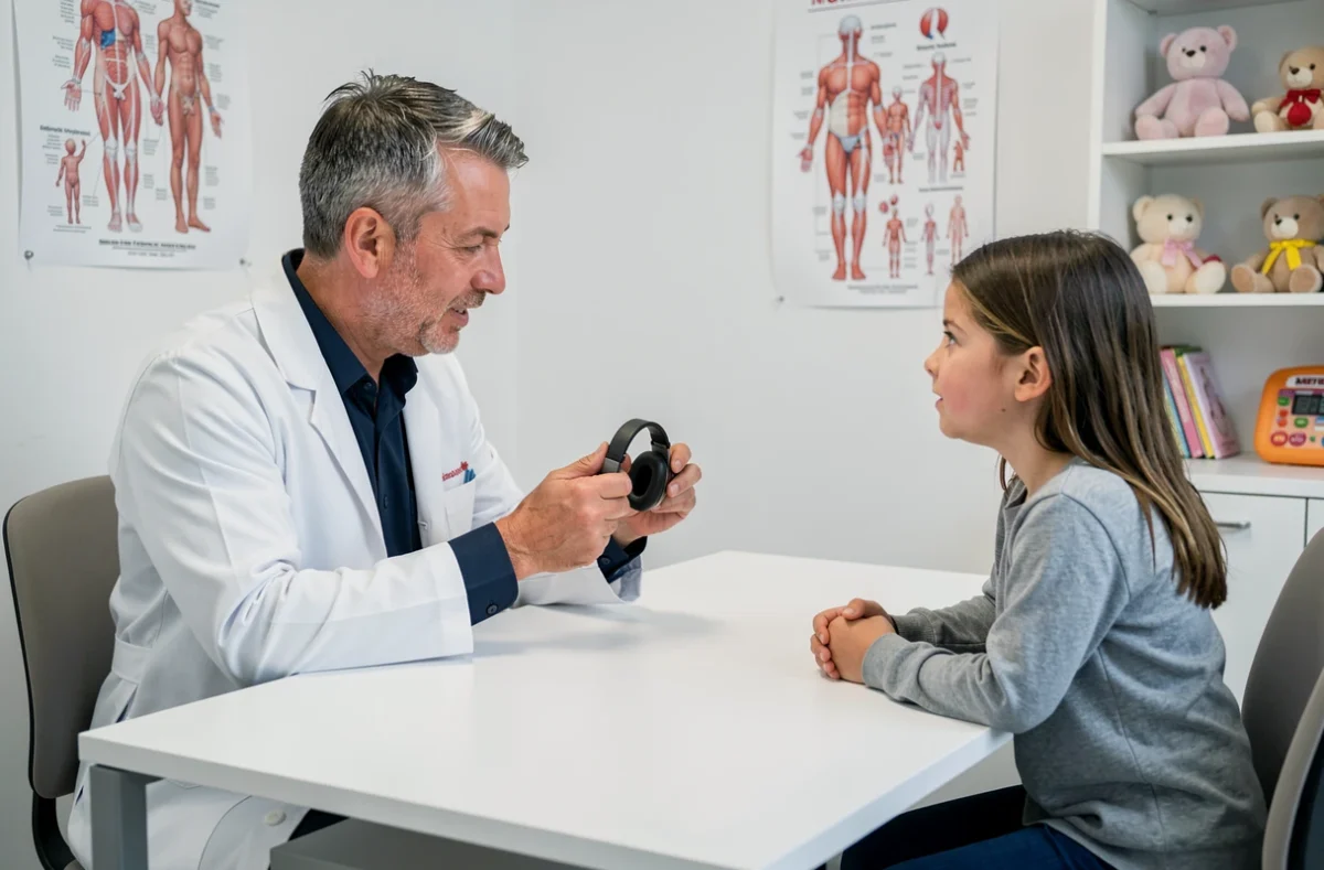 Pédiatre expliquant l'utilisation d'un casque anti bruit pour bébé à des jeunes parents lors d'une consultation médicale