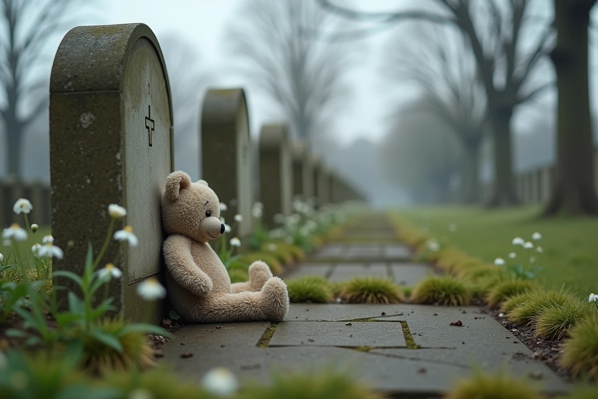 Peluche d'ours posée contre une stèle funéraire entourée de fleurs blanches, symbole de deuil d'un enfant