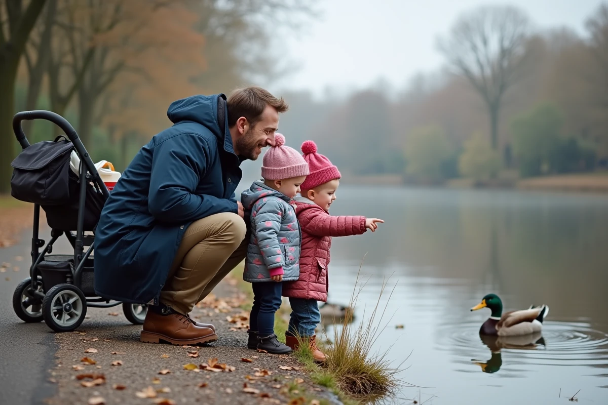 Papa et deux enfants en bas âge observant des canards au bord d'un étang dans un parc de la région parisienne avec une poussette tout-terrain