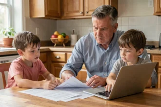 Père de famille avec deux enfants consultant des documents financiers relatifs à l'obligation alimentaire à la table de la cuisine