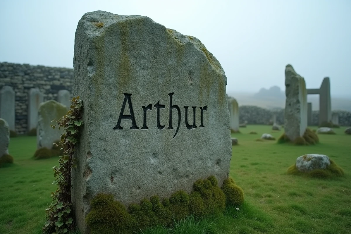 Pierre runique celtique gravée du prénom Arthur dans un paysage de ruines britanniques historiques