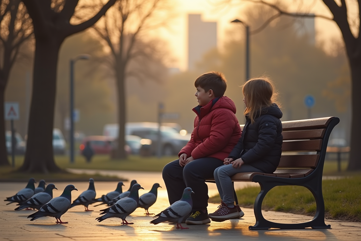 Groupe de pigeons et enfants assis sur un banc dans un parc