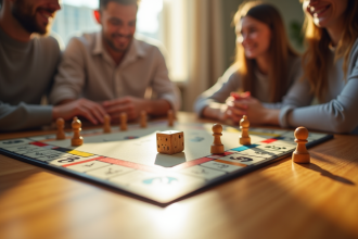 Jeu de Monopoly en bois sur une table en bois clair en famille