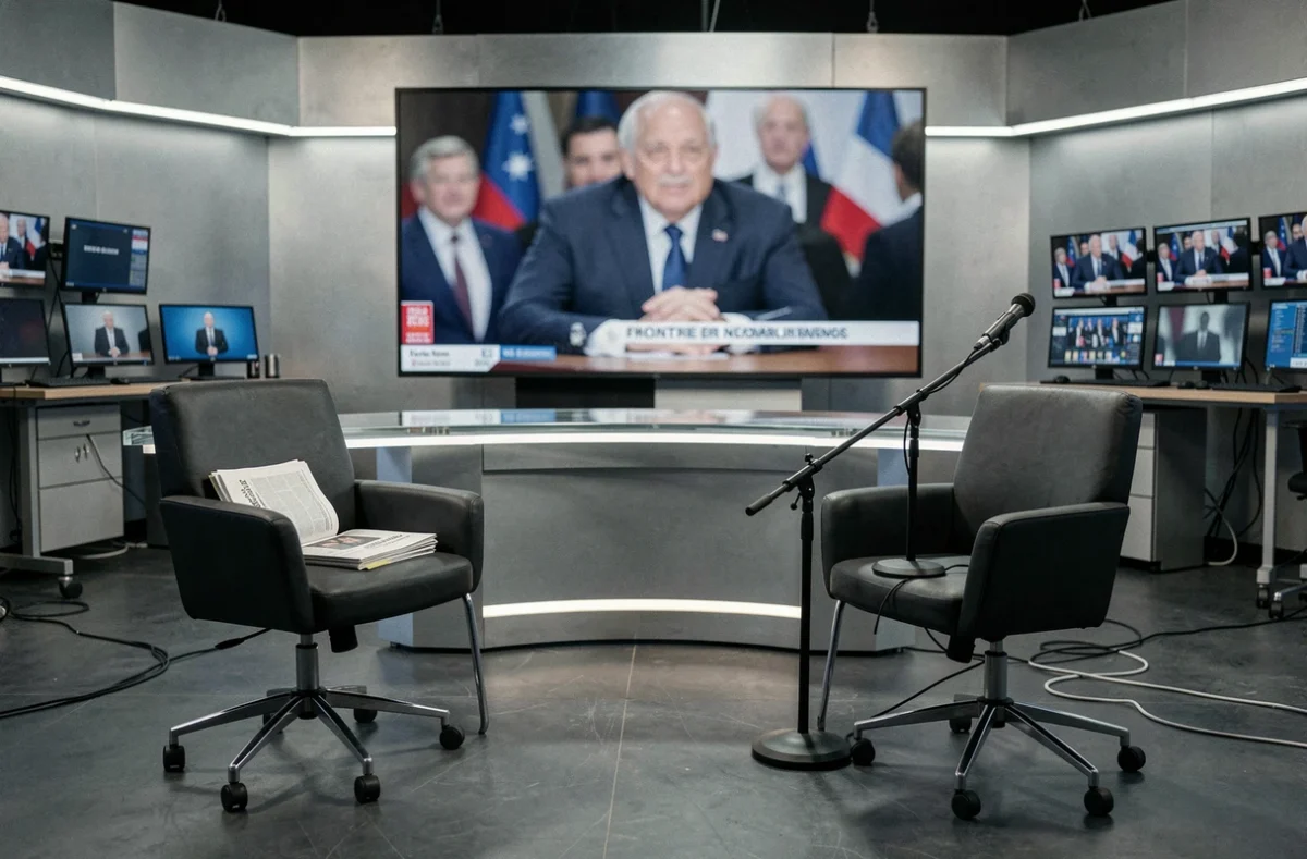 Plateau de télévision vide avec une chaise inoccupée évoquant l'absence médiatique des conjoints de personnalités politiques françaises
