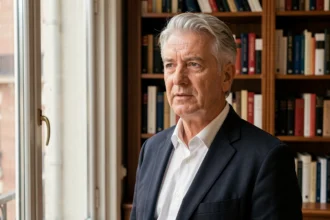 Portrait d'un écrivain élégant dans un appartement parisien entouré de livres, évoquant l'univers littéraire d'Éric-Emmanuel Schmitt