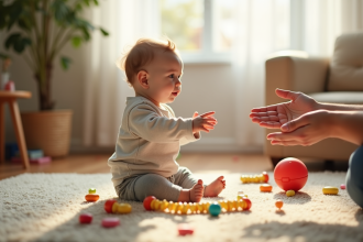 Bébé curieux assis sur un tapis coloré avec jouets pour ses premiers pas